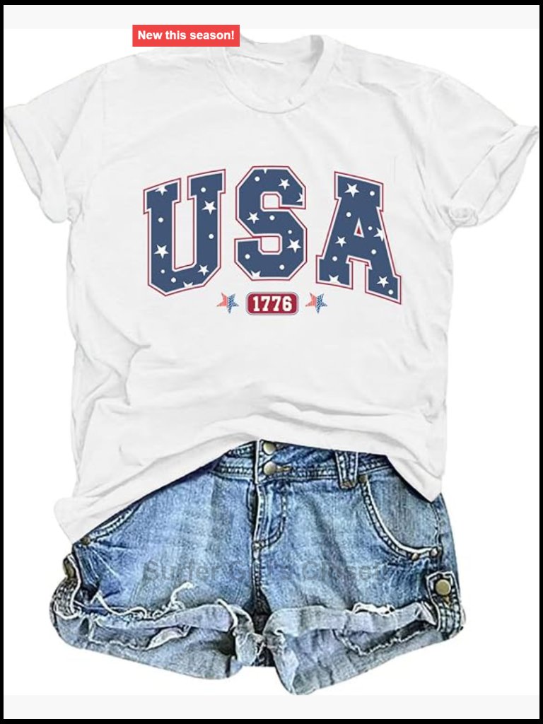 Usa Flag Graphic Tee T-Shirt 4th Of July Patriotic Short Sleeve Women